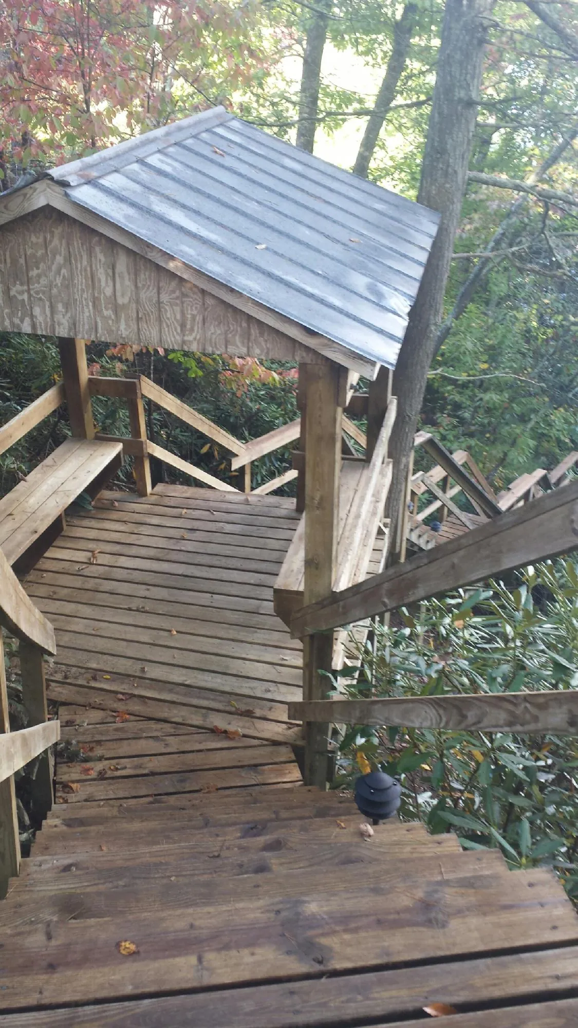 Metal roofed shelter over wooden steps on a wooded walkway — Skylight Repair & Installation work by our crew in Danevang